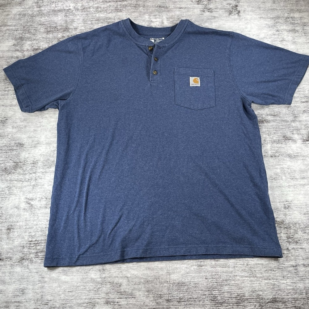 Carhartt Henley T Shirt Mens L Short Sleeve Pocket Logo Workwear Blue Loose Fit